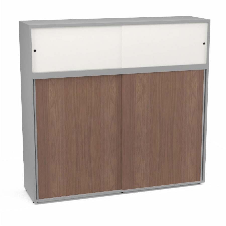 Meuble comptoir sparateur Armand H. 156 x L. 165 x P. 43,2 cm - 3 tablettes - corps mlamine gris aluminium - portes mlamine noyer ambr/altuglas blanc satin
