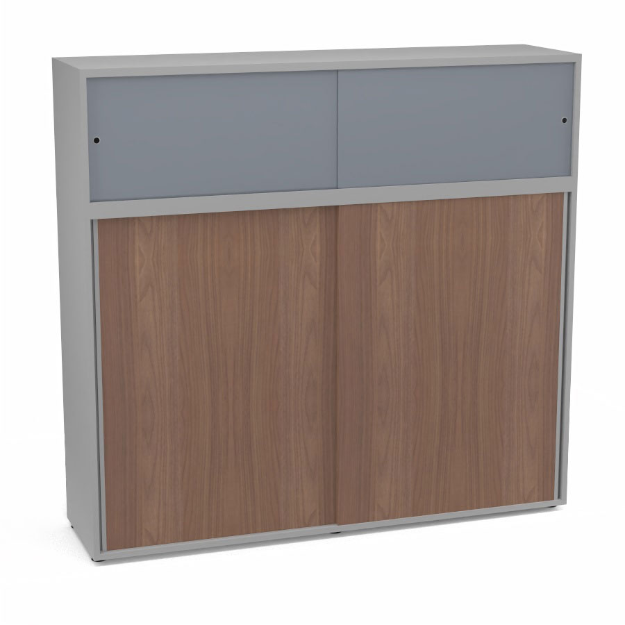 Meuble comptoir sparateur Armand H. 156 x L. 165 x P. 43,2 cm - 3 tablettes - corps mlamine gris aluminium - portes mlamine noyer ambr/altuglas gris fum