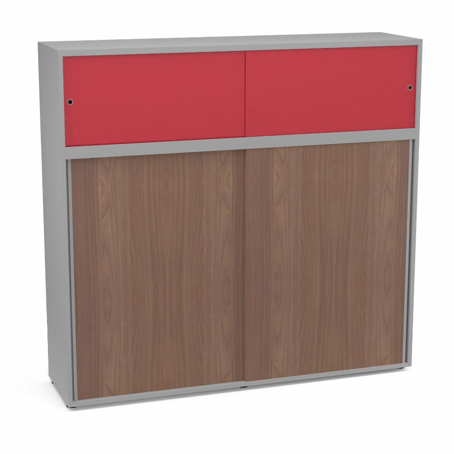 Meuble comptoir sparateur Armand H. 156 x L. 165 x P. 43,2 cm - 3 tablettes - corps mlamine gris aluminium - portes mlamine noyer ambr/altuglas rouge satin