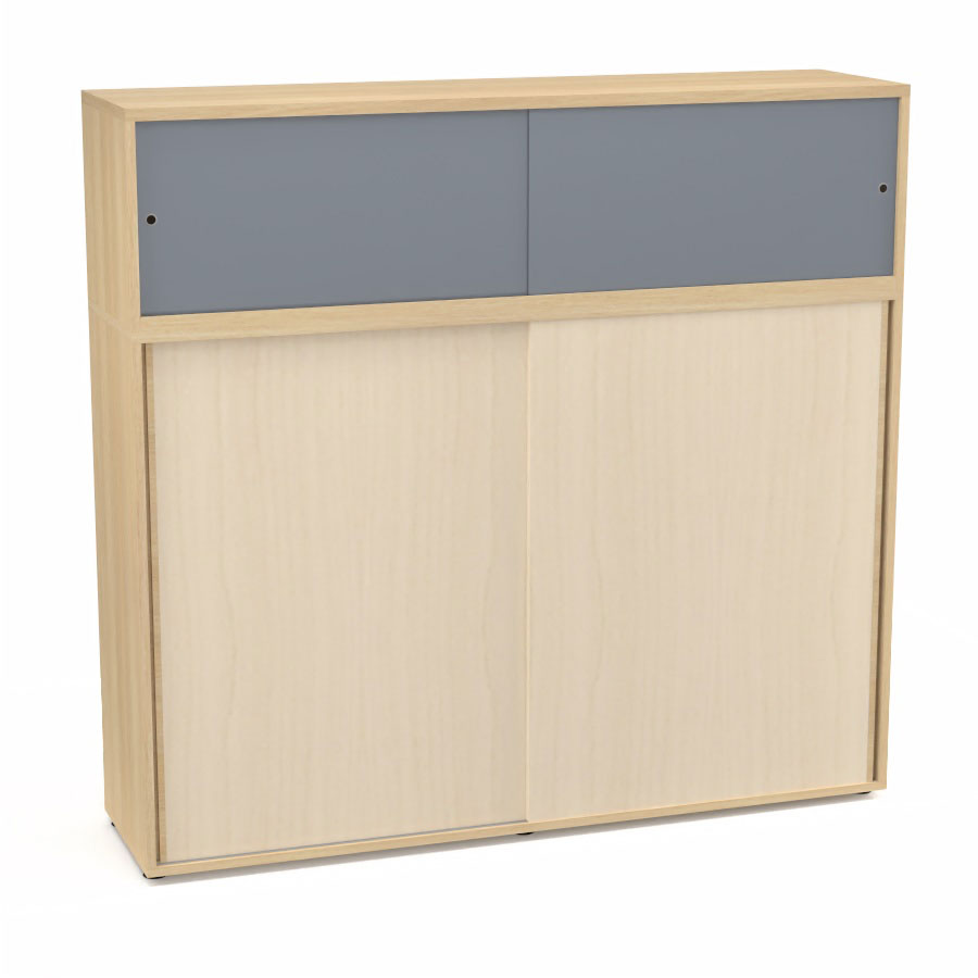 Meuble comptoir sparateur Armand H. 156 x L. 165 x P. 43,2 cm - 3 tablettes - corps mlamine chne clair - portes mlamine rable blanc/altuglas gris fum