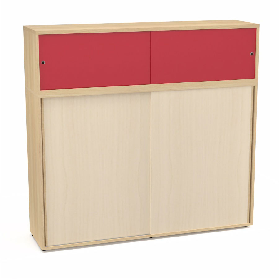 Meuble comptoir sparateur Armand H. 156 x L. 165 x P. 43,2 cm - 3 tablettes - corps mlamine chne clair - portes mlamine rable blanc/altuglas rouge satin