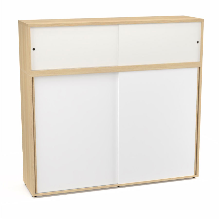 Meuble comptoir sparateur Armand H. 156 x L. 165 x P. 43,2 cm - 3 tablettes - corps mlamine chne clair - portes mlamine blanc neige/altuglas blanc satin