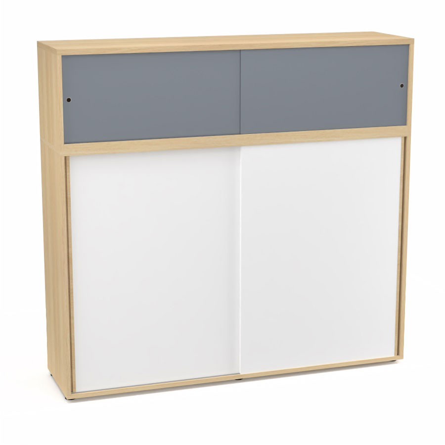 Meuble comptoir sparateur Armand H. 156 x L. 165 x P. 43,2 cm - 3 tablettes - corps mlamine chne clair - portes mlamine blanc neige/altuglas gris fum