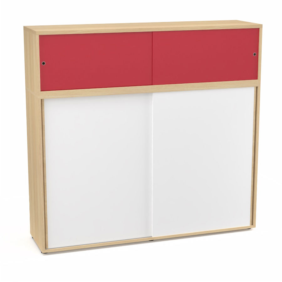 Meuble comptoir sparateur Armand H. 156 x L. 165 x P. 43,2 cm - 3 tablettes - corps mlamine chne clair - portes mlamine blanc neige/altuglas rouge satin