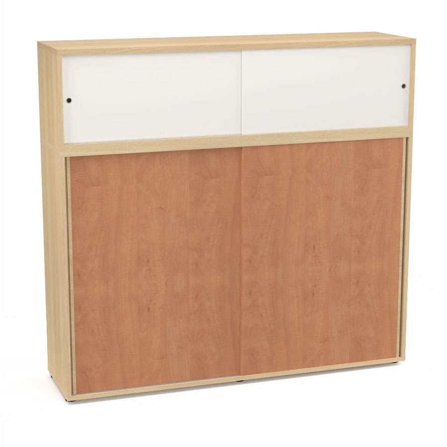 Meuble comptoir sparateur Armand H. 156 x L. 165 x P. 43,2 cm - 3 tablettes - corps mlamine chne clair - portes mlamine pommier de France/altuglas blanc satin