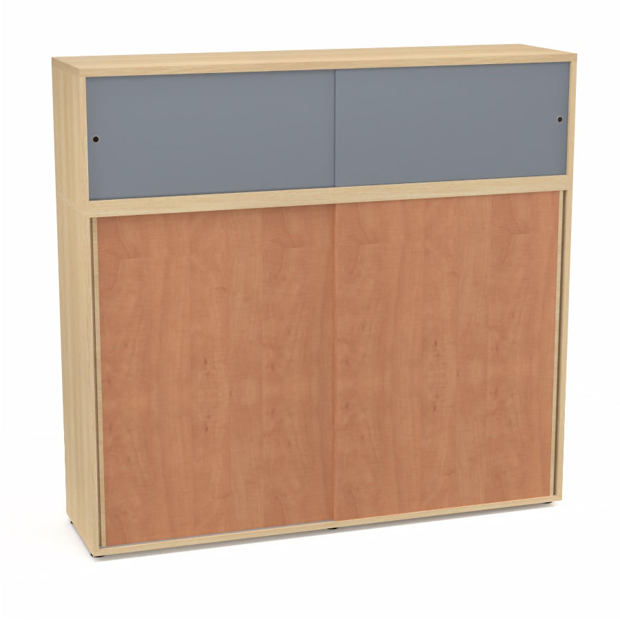 Meuble comptoir sparateur Armand H. 156 x L. 165 x P. 43,2 cm - 3 tablettes - corps mlamine chne clair - portes mlamine pommier de France/altuglas gris fum
