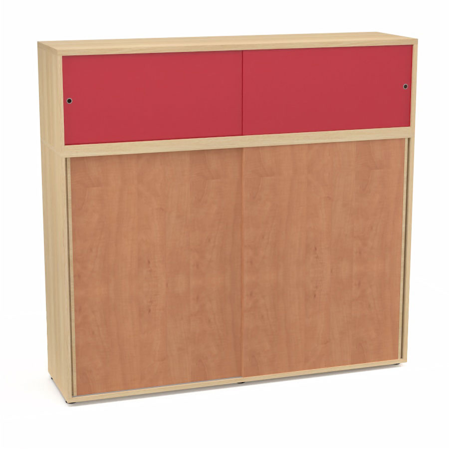 Meuble comptoir sparateur Armand H. 156 x L. 165 x P. 43,2 cm - 3 tablettes - corps mlamine chne clair - portes mlamine pommier de France/altuglas rouge satin
