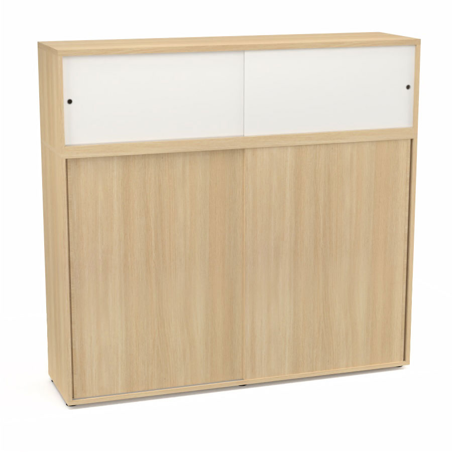 Meuble comptoir sparateur Armand H. 156 x L. 165 x P. 43,2 cm - 3 tablettes - corps mlamine chne clair - portes mlamine chne clair/altuglas blanc satin