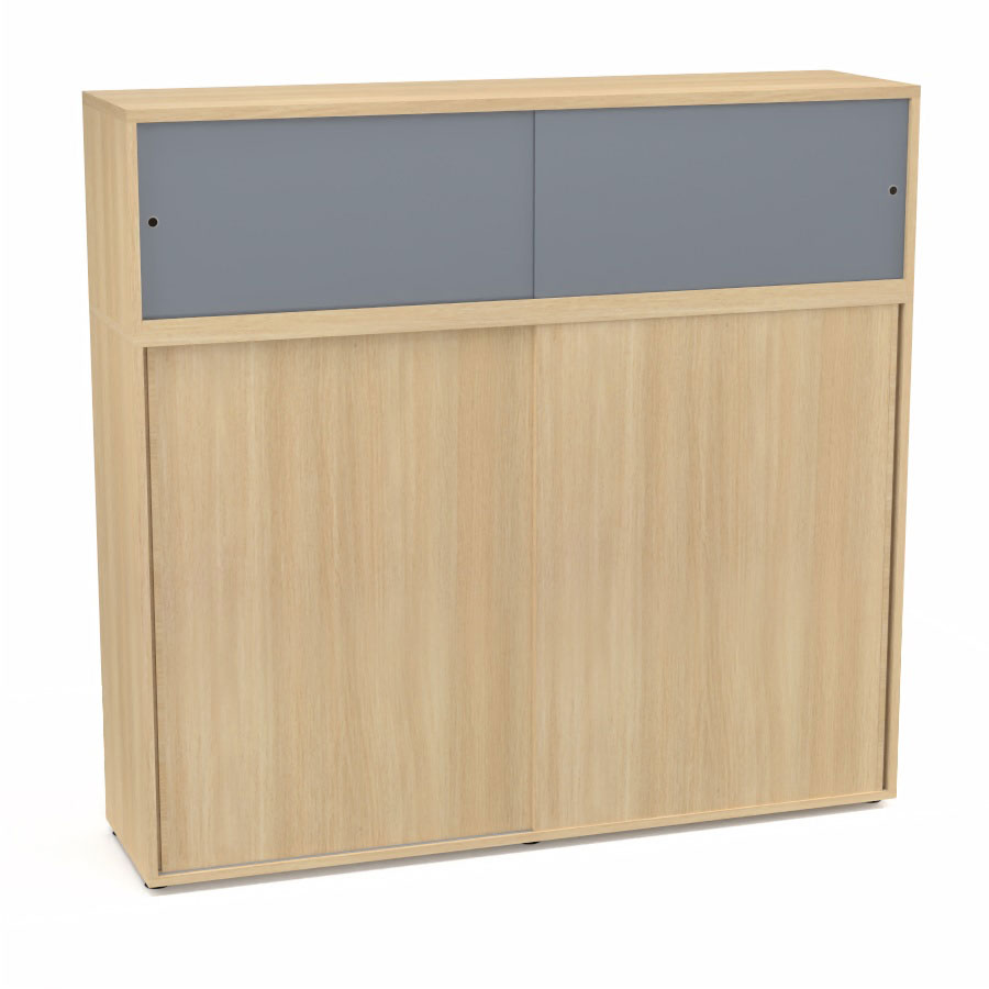 Meuble comptoir sparateur Armand H. 156 x L. 165 x P. 43,2 cm - 3 tablettes - corps mlamine chne clair - portes mlamine chne clair/altuglas gris fum