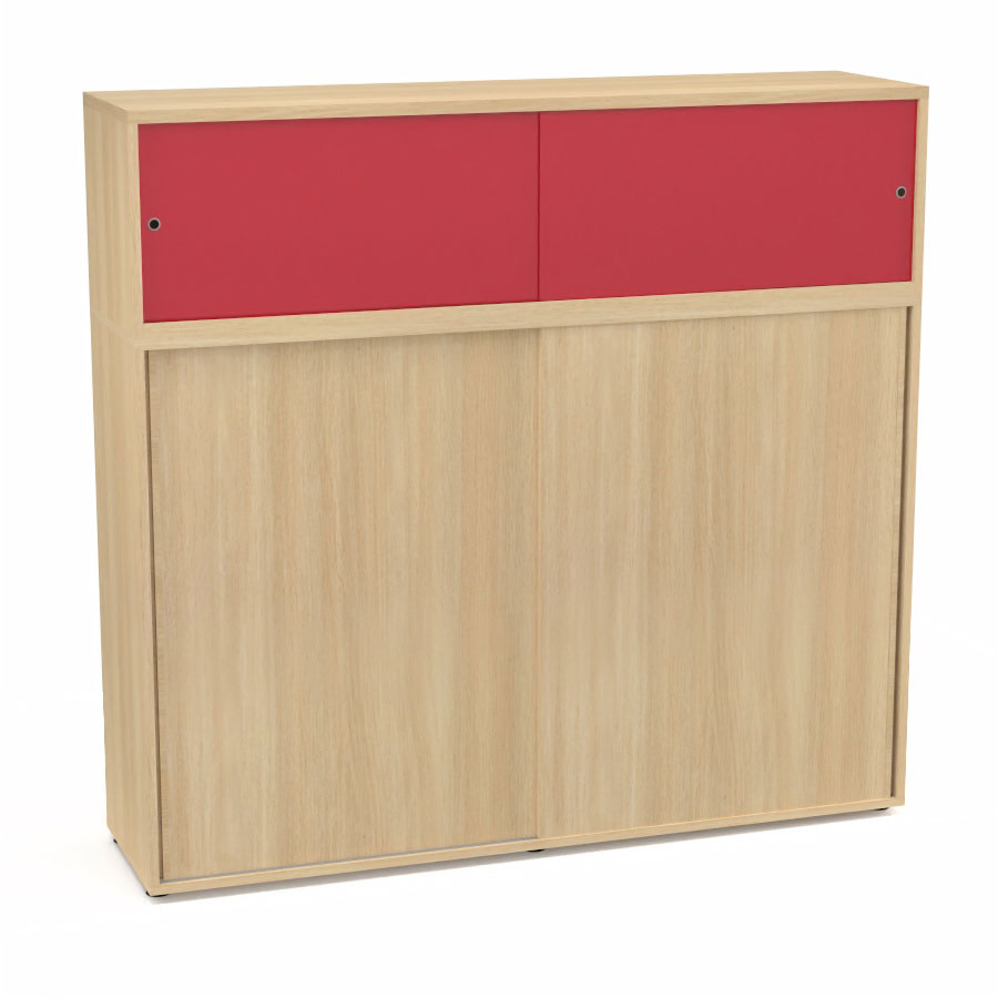 Meuble comptoir sparateur Armand H. 156 x L. 165 x P. 43,2 cm - 3 tablettes - corps mlamine chne clair - portes mlamine chne clair/altuglas rouge satin