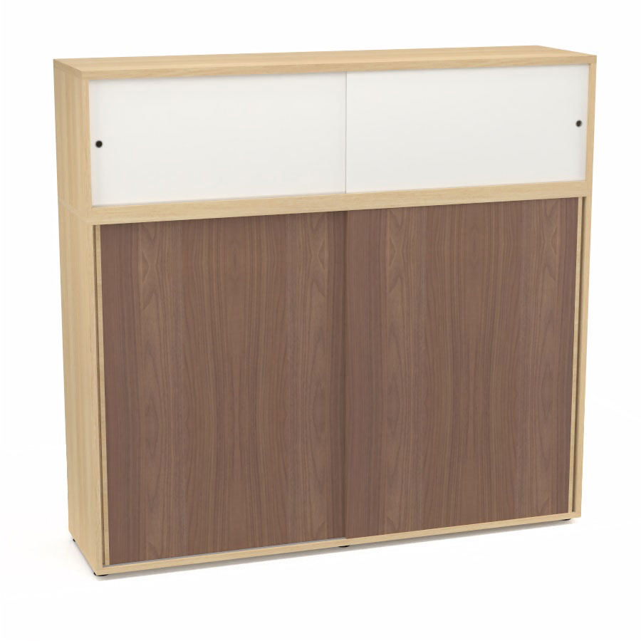 Meuble comptoir sparateur Armand H. 156 x L. 165 x P. 43,2 cm - 3 tablettes - corps mlamine chne clair - portes mlamine noyer ambr/altuglas blanc satin