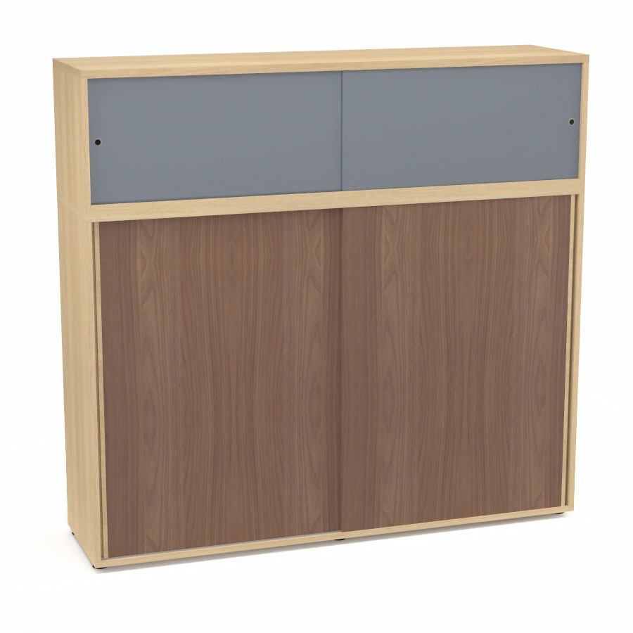 Meuble comptoir sparateur Armand H. 156 x L. 165 x P. 43,2 cm - 3 tablettes - corps mlamine chne clair - portes mlamine noyer ambr/altuglas gris fum