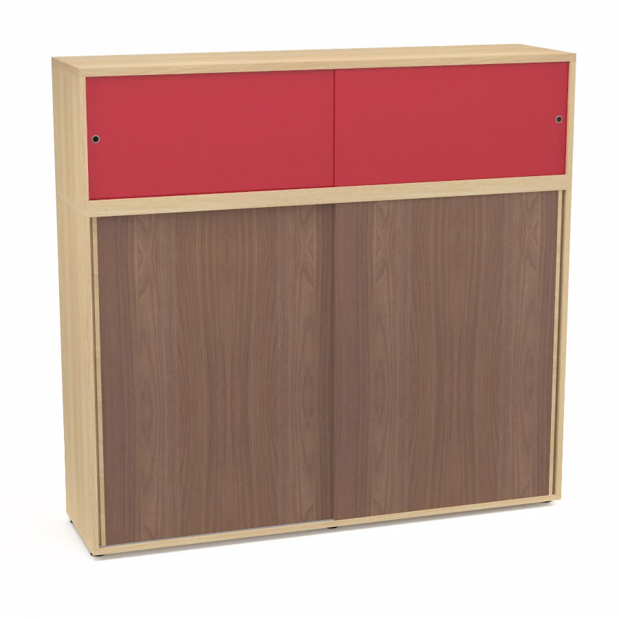 Meuble comptoir sparateur Armand H. 156 x L. 165 x P. 43,2 cm - 3 tablettes - corps mlamine chne clair - portes mlamine noyer ambr/altuglas rouge satin