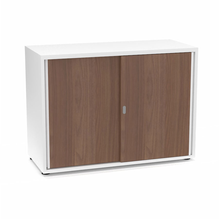 Armoire Armand 2 portes coulissantes H. 73,5 x L. 100 x P. 43,2 cm - 1 tablette - corps mlamine blanc neige - portes mlamine noyer ambr