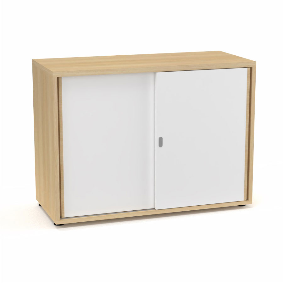 Armoire Armand 2 portes coulissantes H. 73,5 x L. 100 x P. 43,2 cm - 1 tablette - corps m�lamine ch�ne clair - portes m�lamine blanc neige