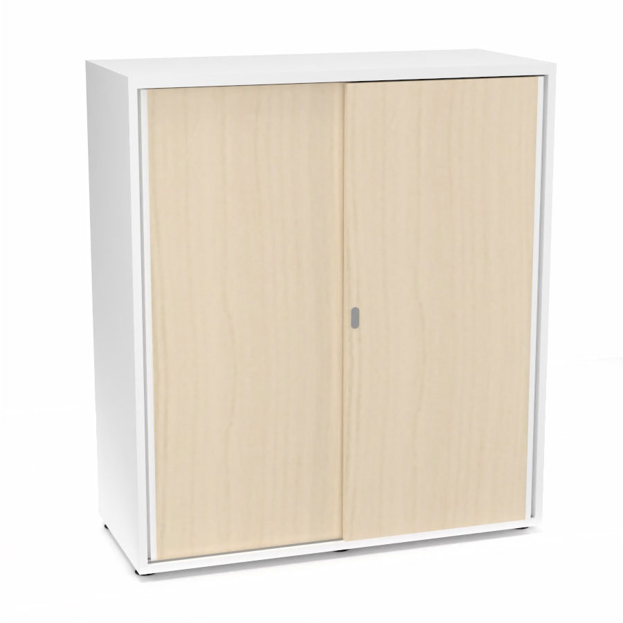 Armoire Armand 2 portes coulissantes H. 113,5 x L. 100x P. 43,2 cm - 2 tablettes - corps mlamine blanc neige - portes mlamine rable blanc