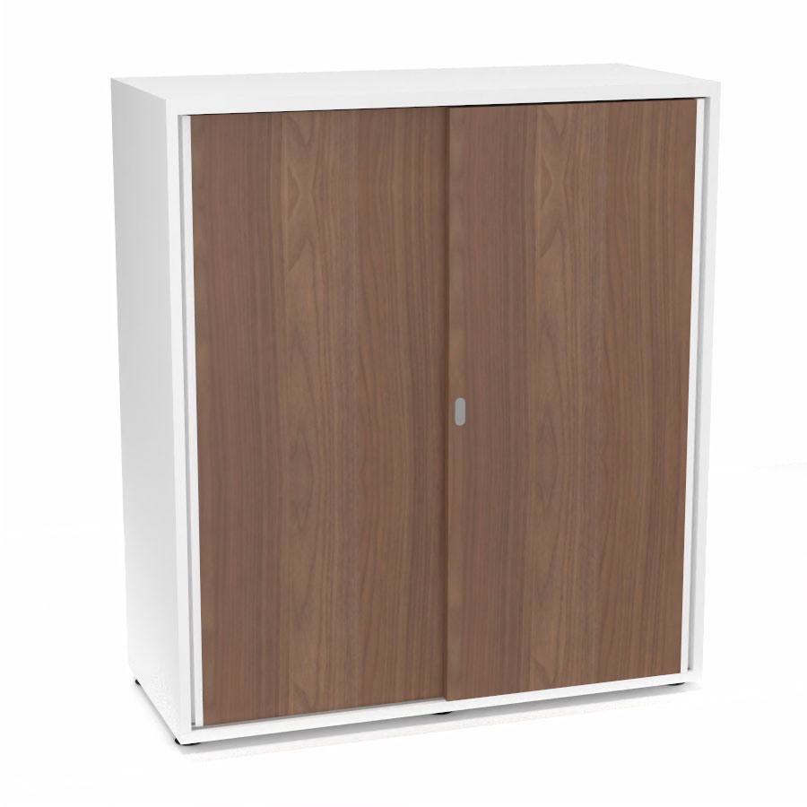 Armoire Armand 2 portes coulissantes H. 113,5 x L. 100x P. 43,2 cm - 2 tablettes - corps mlamine blanc neige - portes mlamine noyer ambr