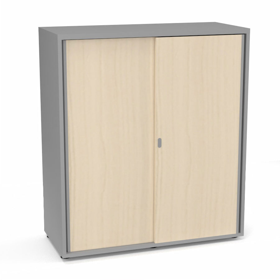 Armoire Armand 2 portes coulissantes H. 113,5 x L. 100x P. 43,2 cm - 2 tablettes - corps mlamine gris aluminium - portes mlamine rable blanc