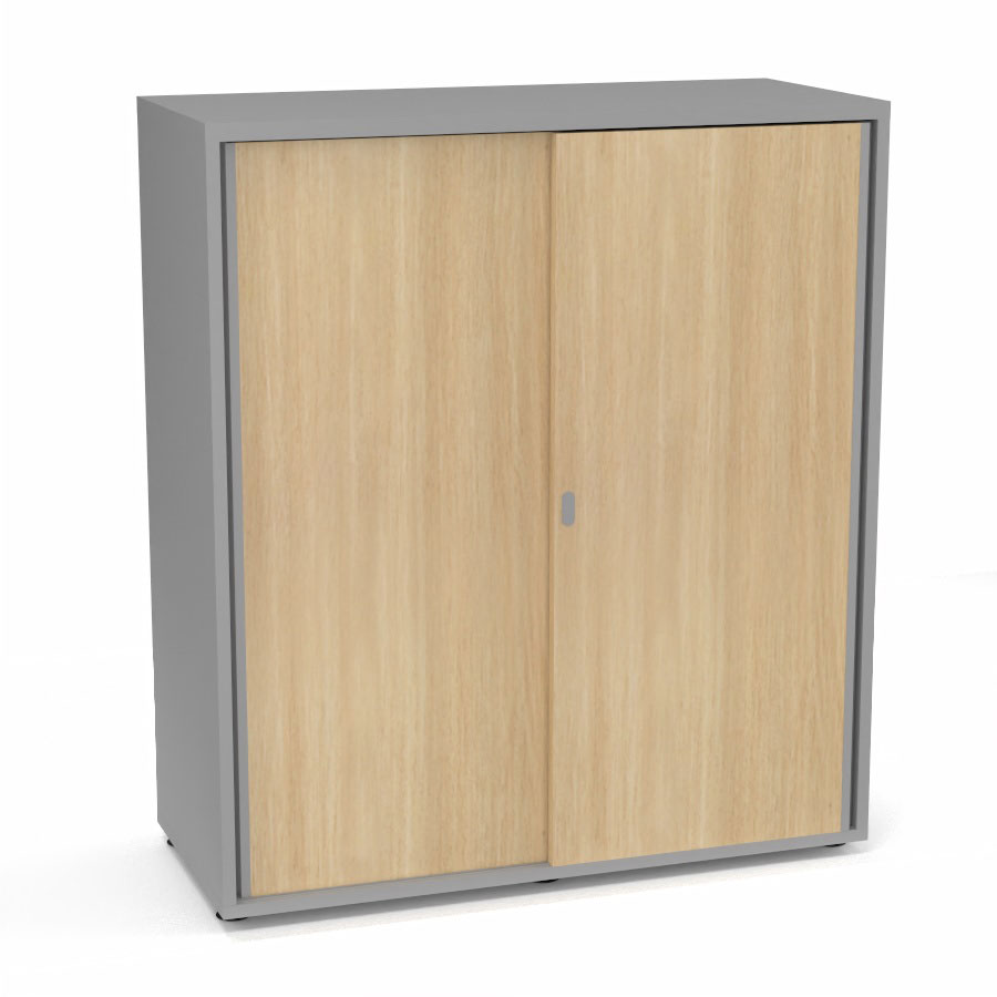 Armoire Armand 2 portes coulissantes H. 113,5 x L. 100x P. 43,2 cm - 2 tablettes - corps mlamine gris aluminium - portes mlamine chne clair
