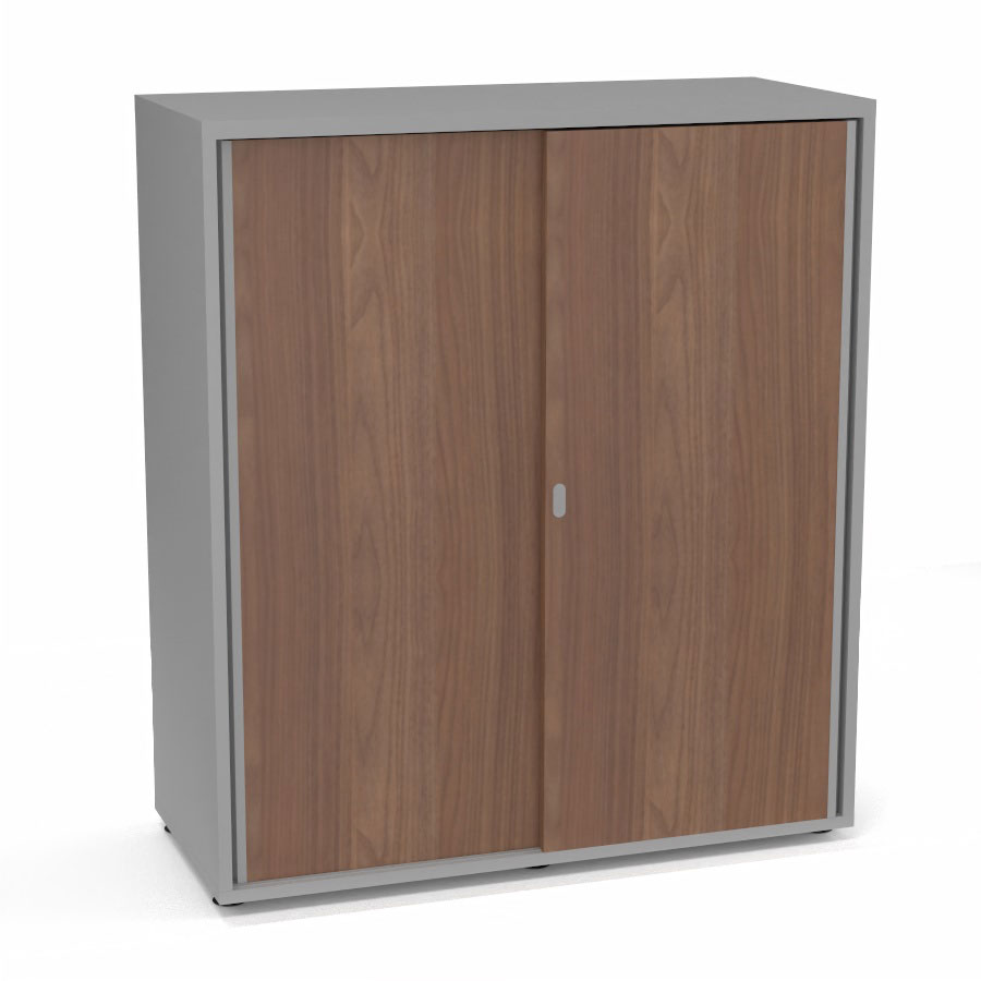 Armoire Armand 2 portes coulissantes H. 113,5 x L. 100x P. 43,2 cm - 2 tablettes - corps mlamine gris aluminium - portes mlamine noyer ambr