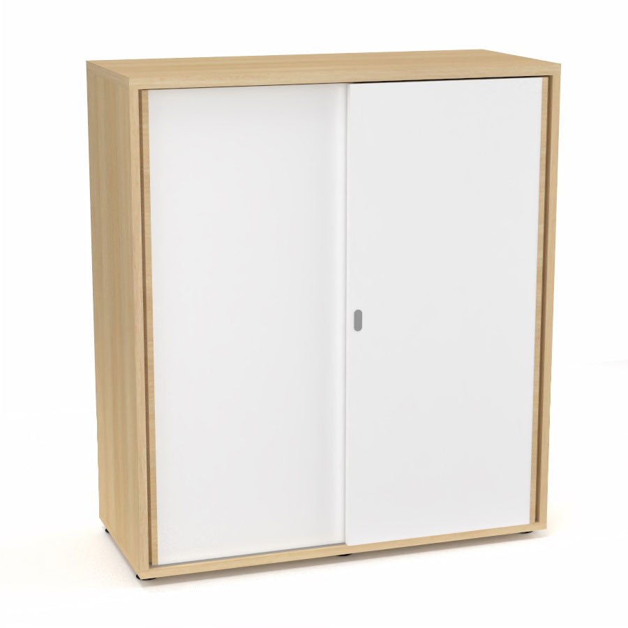 Armoire Armand 2 portes coulissantes H. 113,5 x L. 100x P. 43,2 cm - 2 tablettes - corps mlamine chne clair - portes mlamine blanc neige