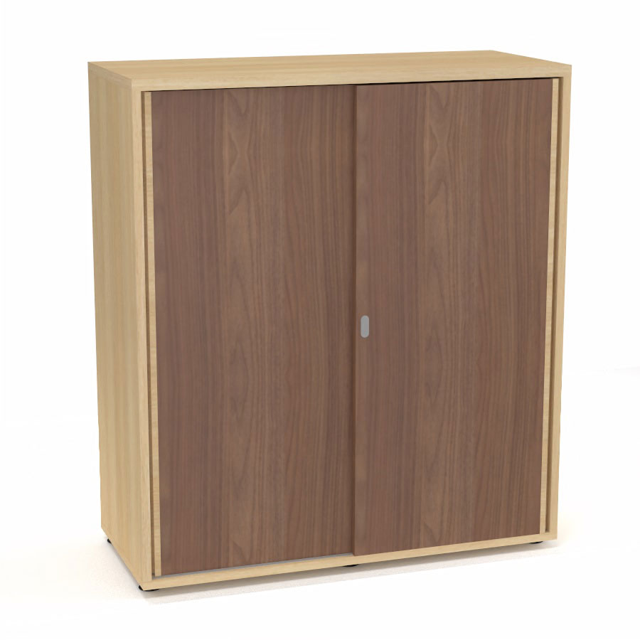 Armoire Armand 2 portes coulissantes H. 113,5 x L. 100x P. 43,2 cm - 2 tablettes - corps mlamine chne clair - portes mlamine noyer ambr