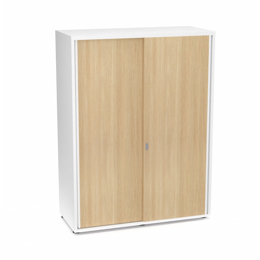 Armoire Armand 2 portes coulissantes H. 133,5 x L. 100x P. 43,2 cm - 3 tablettes - corps mlamine blanc neige - portes mlamine chne clair