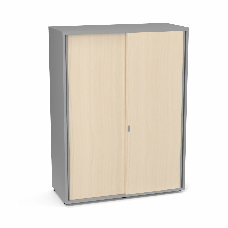 Armoire Armand 2 portes coulissantes H. 133,5 x L. 100x P. 43,2 cm - 3 tablettes - corps mlamine gris aluminium - portes mlamine rable blanc