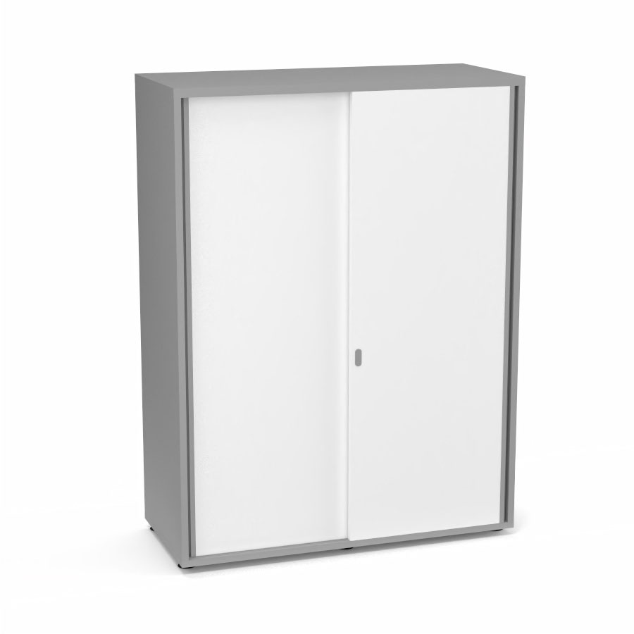 Armoire Armand 2 portes coulissantes H. 133,5 x L. 100x P. 43,2 cm - 3 tablettes - corps mlamine gris aluminium - portes mlamine blanc neige