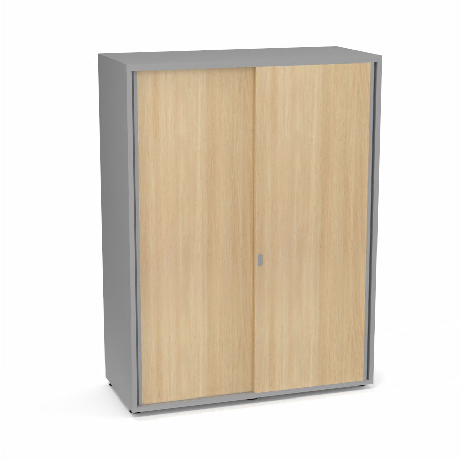Armoire Armand 2 portes coulissantes H. 133,5 x L. 100x P. 43,2 cm - 3 tablettes - corps mlamine gris aluminium - portes mlamine chne clair