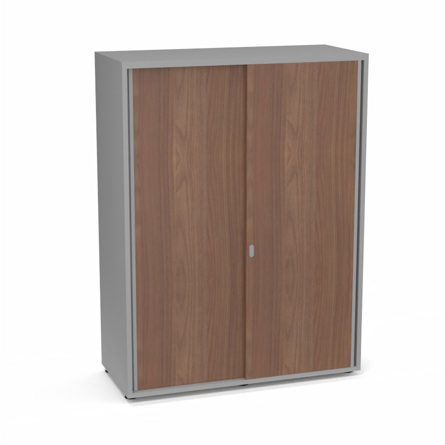 Armoire Armand 2 portes coulissantes H. 133,5 x L. 100x P. 43,2 cm - 3 tablettes - corps mlamine gris aluminium - portes mlamine noyer ambr