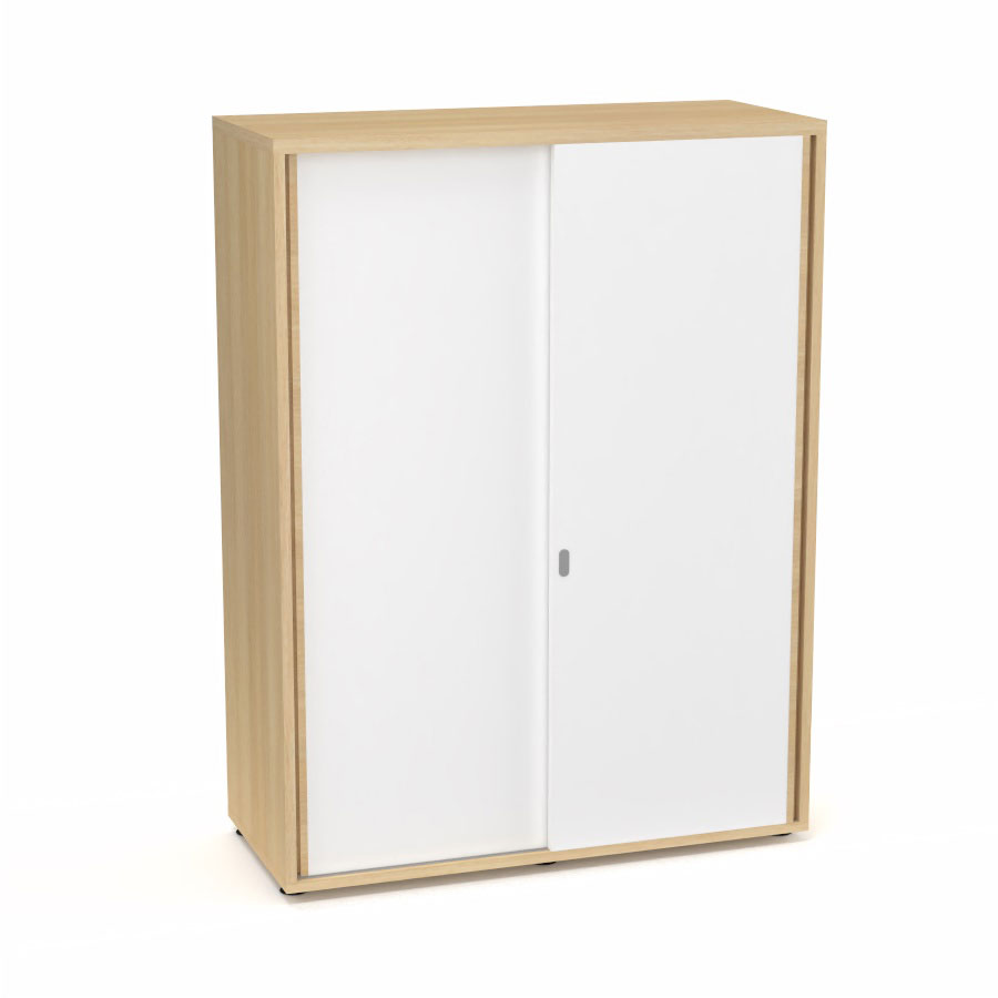 Armoire Armand 2 portes coulissantes H. 133,5 x L. 100x P. 43,2 cm - 3 tablettes - corps mlamine chne clair - portes mlamine blanc neige