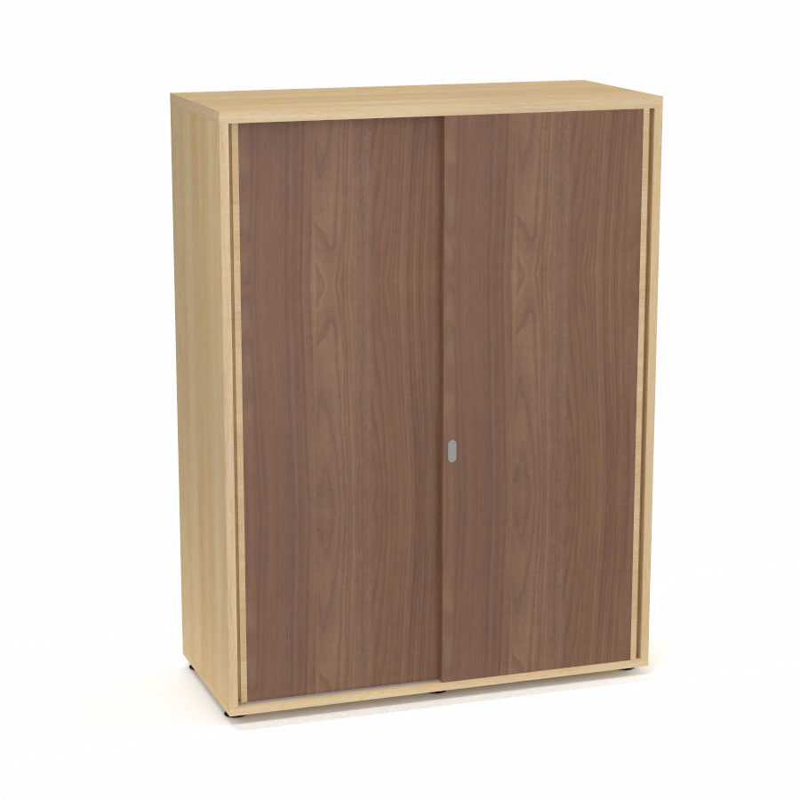 Armoire Armand 2 portes coulissantes H. 133,5 x L. 100x P. 43,2 cm - 3 tablettes - corps mlamine chne clair - portes mlamine noyer ambr