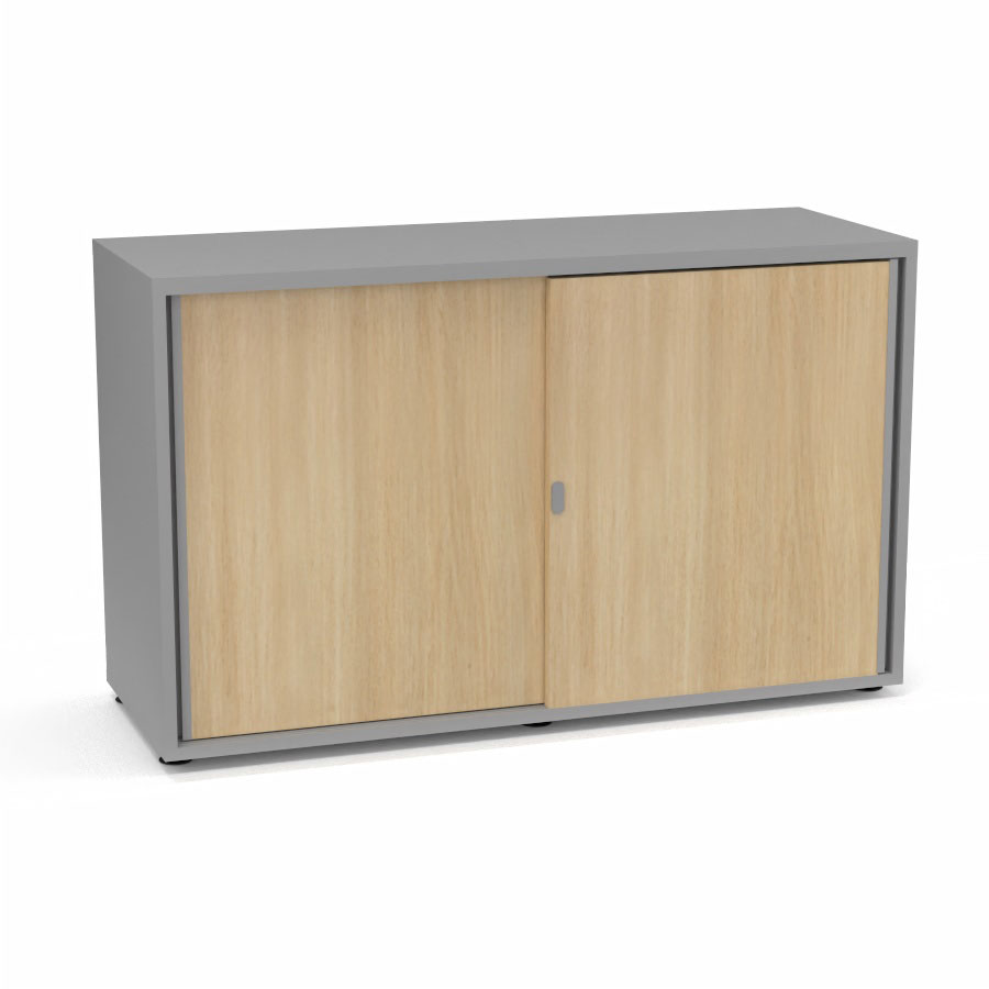 Armoire Armand 2 portes coulissantes H. 73,5 x L. 120 x P. 43,2 cm - 1 tablette - corps mlamine gris aluminium - portes mlamine chne clair