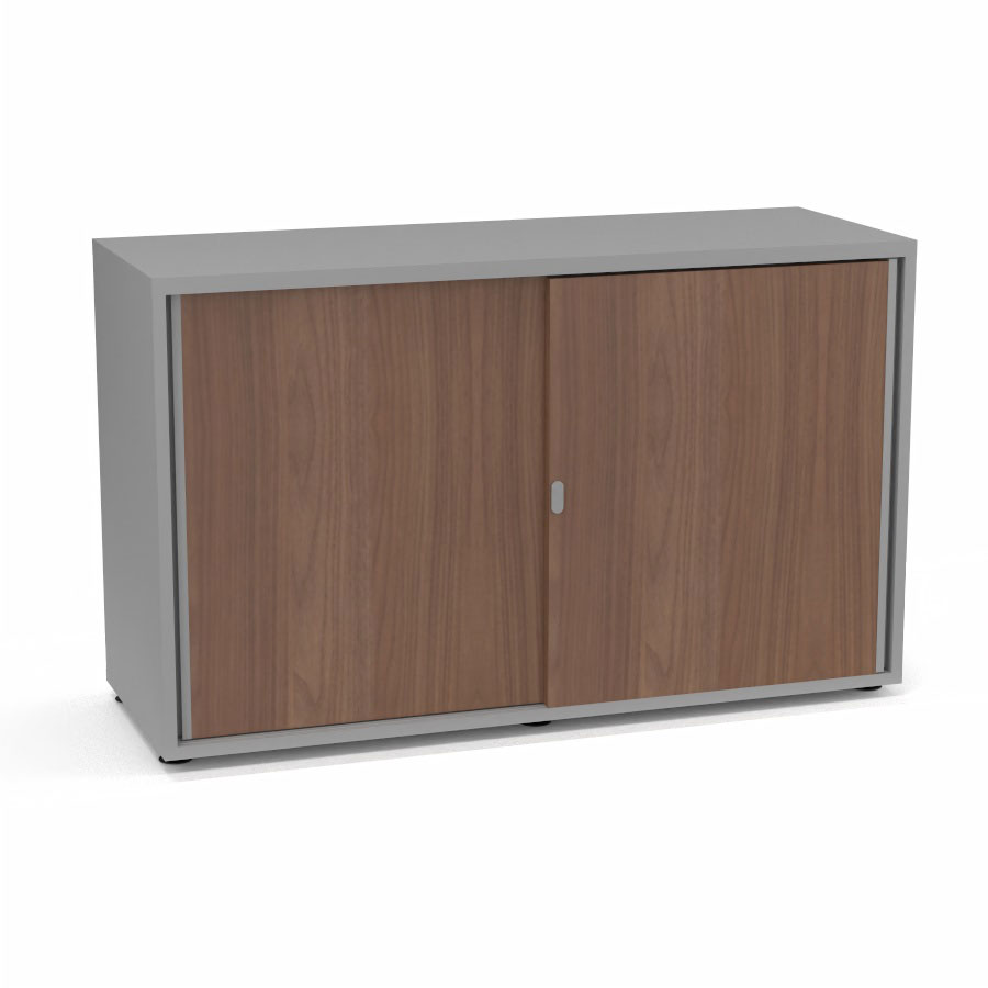 Armoire Armand 2 portes coulissantes H. 73,5 x L. 120 x P. 43,2 cm - 1 tablette - corps mlamine gris aluminium - portes mlamine noyer ambr