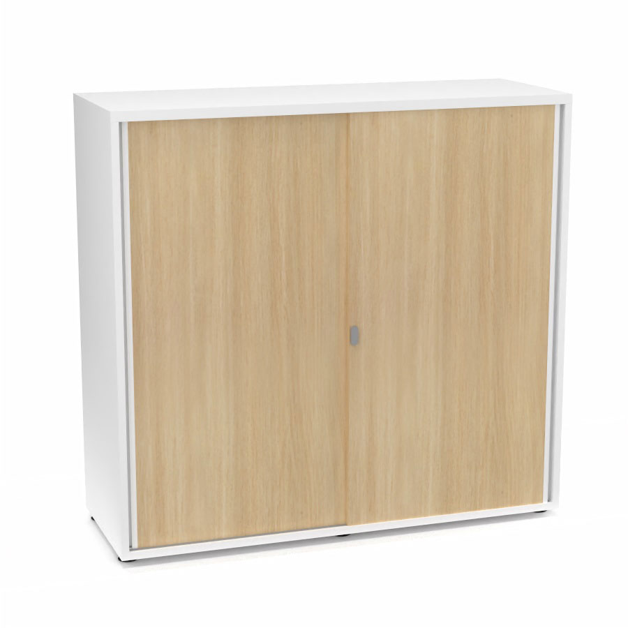 Armoire Armand 2 portes coulissantes H. 113,5 x L. 120 x P. 43,2 cm - 2 tablettes - corps mlamine blanc neige - portes mlamine chne clair