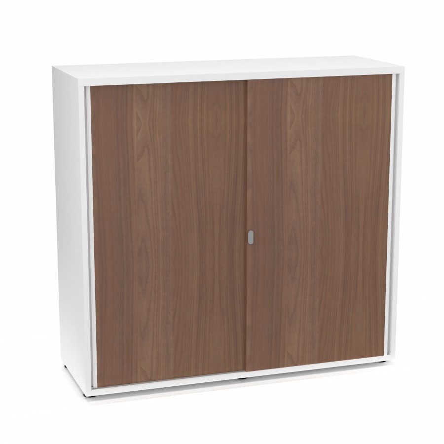 Armoire Armand 2 portes coulissantes H. 113,5 x L. 120 x P. 43,2 cm - 2 tablettes - corps mlamine blanc neige - portes mlamine noyer ambr