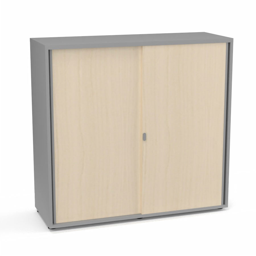 Armoire Armand 2 portes coulissantes H. 113,5 x L. 120 x P. 43,2 cm - 2 tablettes - corps mlamine gris aluminium - portes mlamine rable blanc