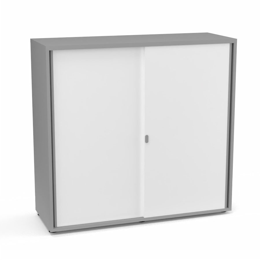 Armoire Armand 2 portes coulissantes H. 113,5 x L. 120 x P. 43,2 cm - 2 tablettes - corps mlamine gris aluminium - portes mlamine blanc neige