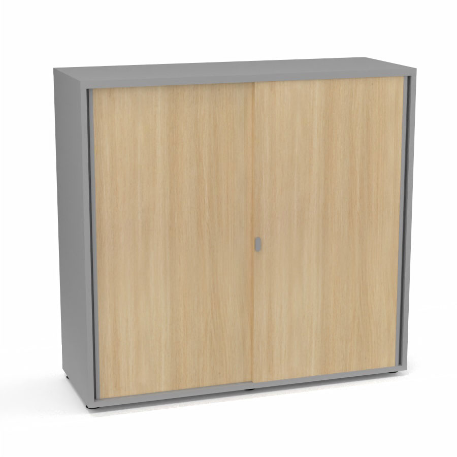 Armoire Armand 2 portes coulissantes H. 113,5 x L. 120 x P. 43,2 cm - 2 tablettes - corps mlamine gris aluminium - portes mlamine chne clair