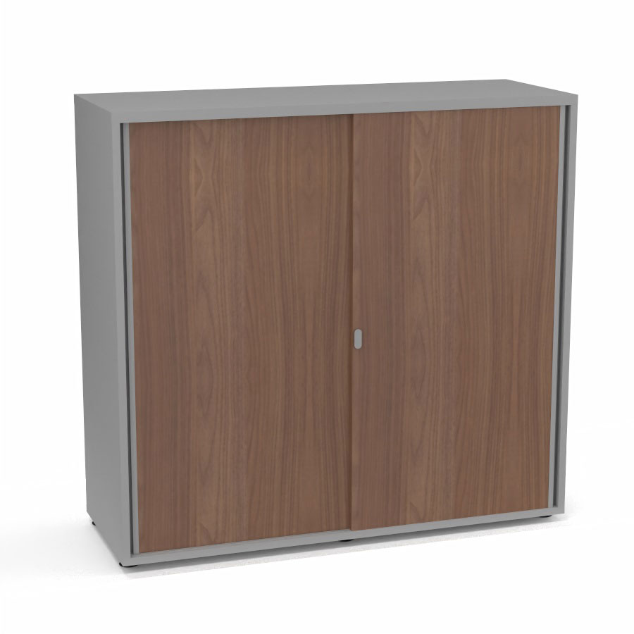 Armoire Armand 2 portes coulissantes H. 113,5 x L. 120 x P. 43,2 cm - 2 tablettes - corps mlamine gris aluminium - portes mlamine noyer ambr