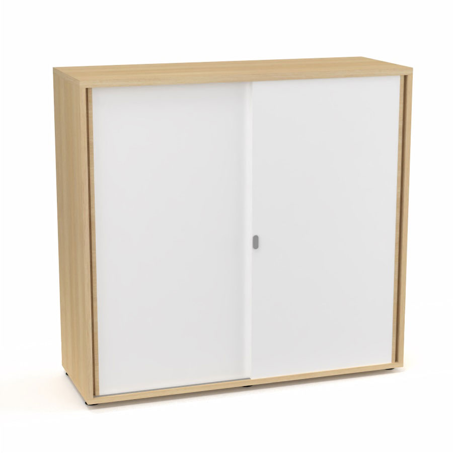 Armoire Armand 2 portes coulissantes H. 113,5 x L. 120 x P. 43,2 cm - 2 tablettes - corps mlamine chne clair - portes mlamine blanc neige