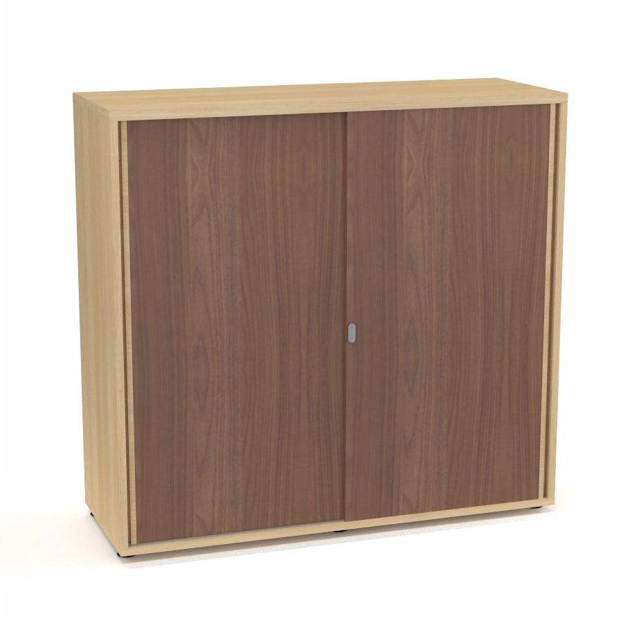 Armoire Armand 2 portes coulissantes H. 113,5 x L. 120 x P. 43,2 cm - 2 tablettes - corps mlamine chne clair - portes mlamine noyer ambr