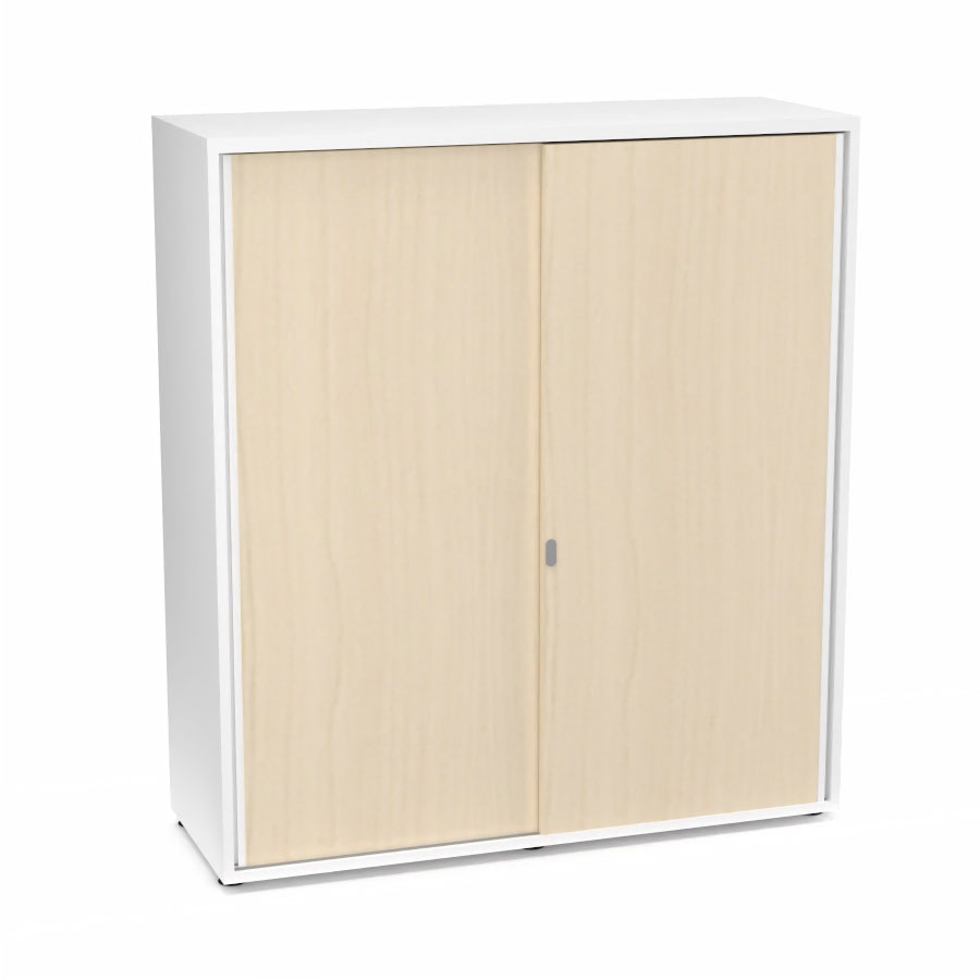 Armoire Armand 2 portes coulissantes H. 133,5 x L. 120 x P. 43,2 cm - 3 tablettes - corps mlamine blanc neige - portes mlamine rable blanc
