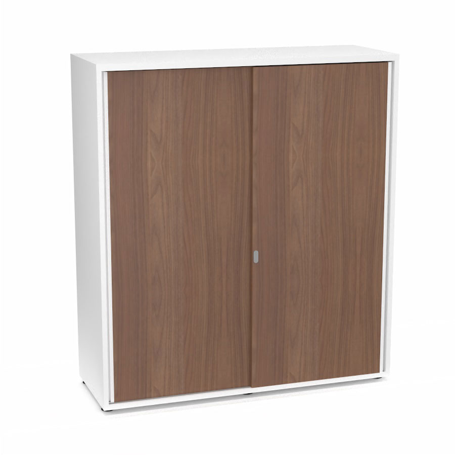 Armoire Armand 2 portes coulissantes H. 133,5 x L. 120 x P. 43,2 cm - 3 tablettes - corps mlamine blanc neige - portes mlamine noyer ambr