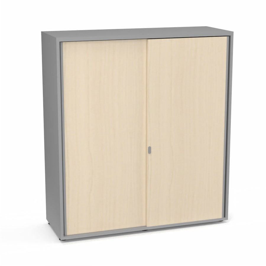 Armoire Armand 2 portes coulissantes H. 133,5 x L. 120 x P. 43,2 cm - 3 tablettes - corps mlamine gris aluminium - portes mlamine rable blanc