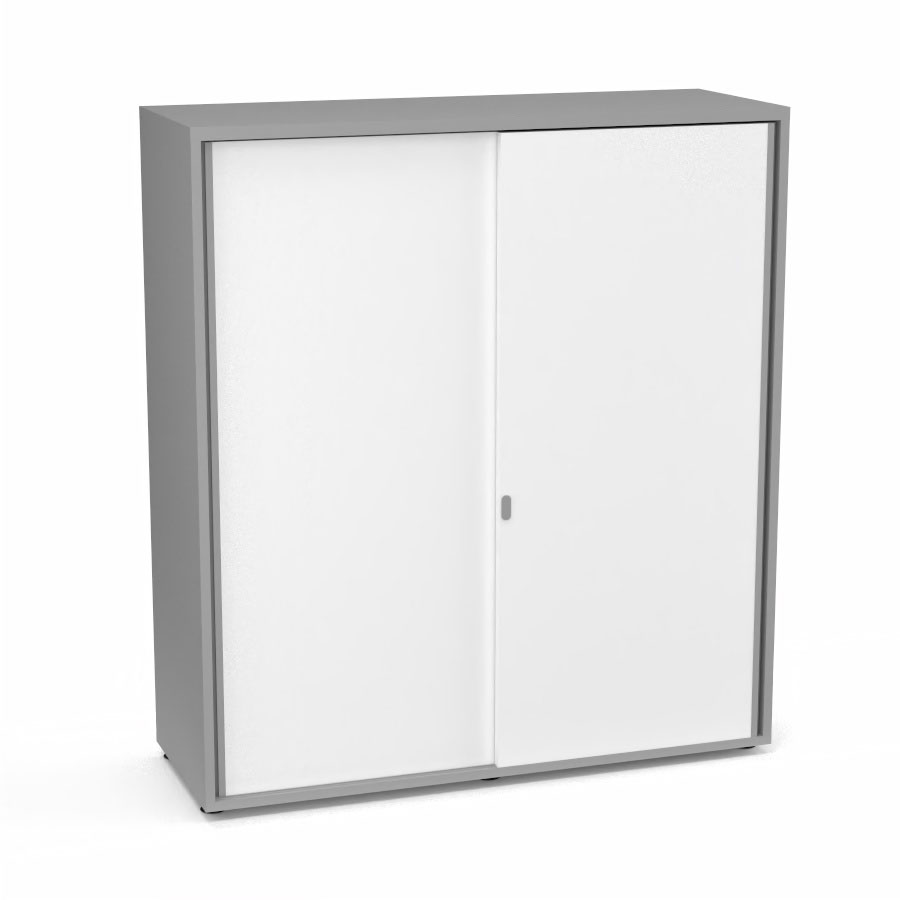 Armoire Armand 2 portes coulissantes H. 133,5 x L. 120 x P. 43,2 cm - 3 tablettes - corps mlamine gris aluminium - portes mlamine blanc neige