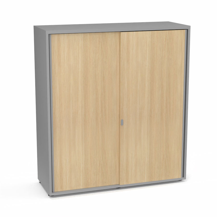 Armoire Armand 2 portes coulissantes H. 133,5 x L. 120 x P. 43,2 cm - 3 tablettes - corps mlamine gris aluminium - portes mlamine chne clair