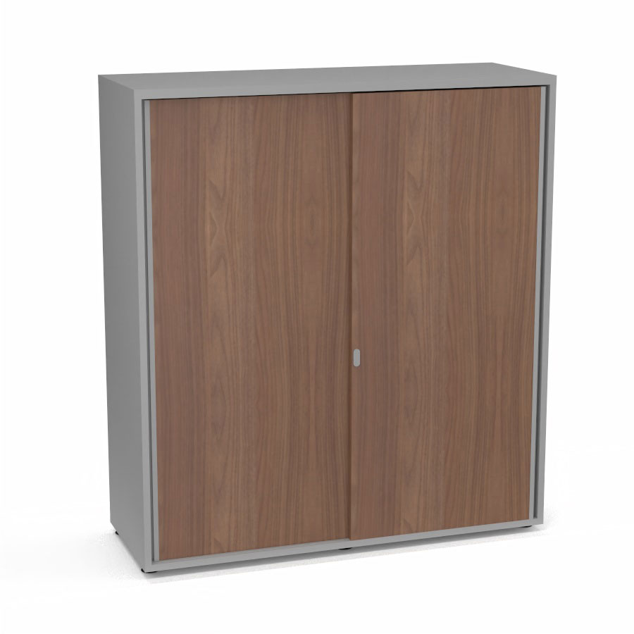 Armoire Armand 2 portes coulissantes H. 133,5 x L. 120 x P. 43,2 cm - 3 tablettes - corps mlamine gris aluminium - portes mlamine noyer ambr