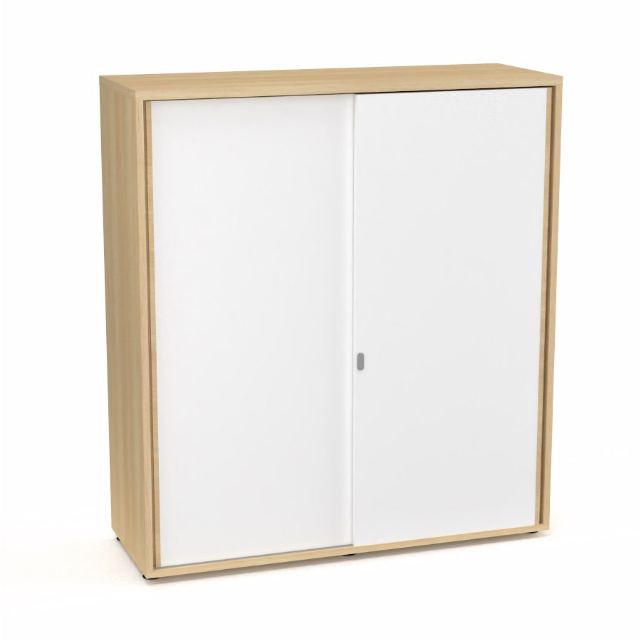 Armoire Armand 2 portes coulissantes H. 133,5 x L. 120 x P. 43,2 cm - 3 tablettes - corps mlamine chne clair - portes mlamine blanc neige